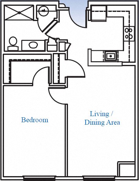 Floor plan for 1 bed, 1 bath, 648 sqft